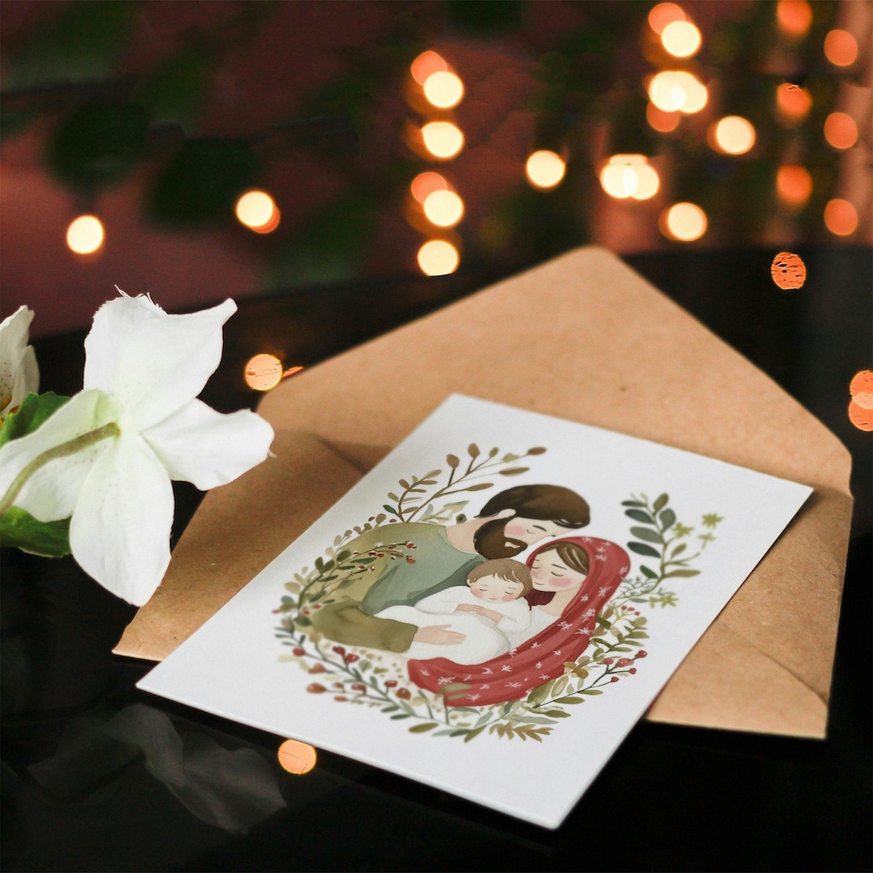 image 1 of Baby Jesus Mary Joseph Wreath Blank For Him Or Her Art Xmas Festive Christmas Card