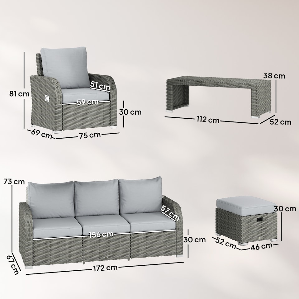 image 1 of Outsunny Rattan Garden Furniture Set with Recliners, Footstools, Light Grey | Grey | Light Grey