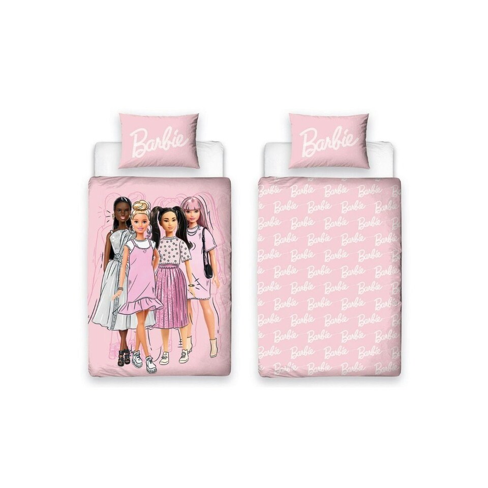 image 1 of Barbie Reversible Figures Duvet Cover Set - Pink/White - Single Pink | Single