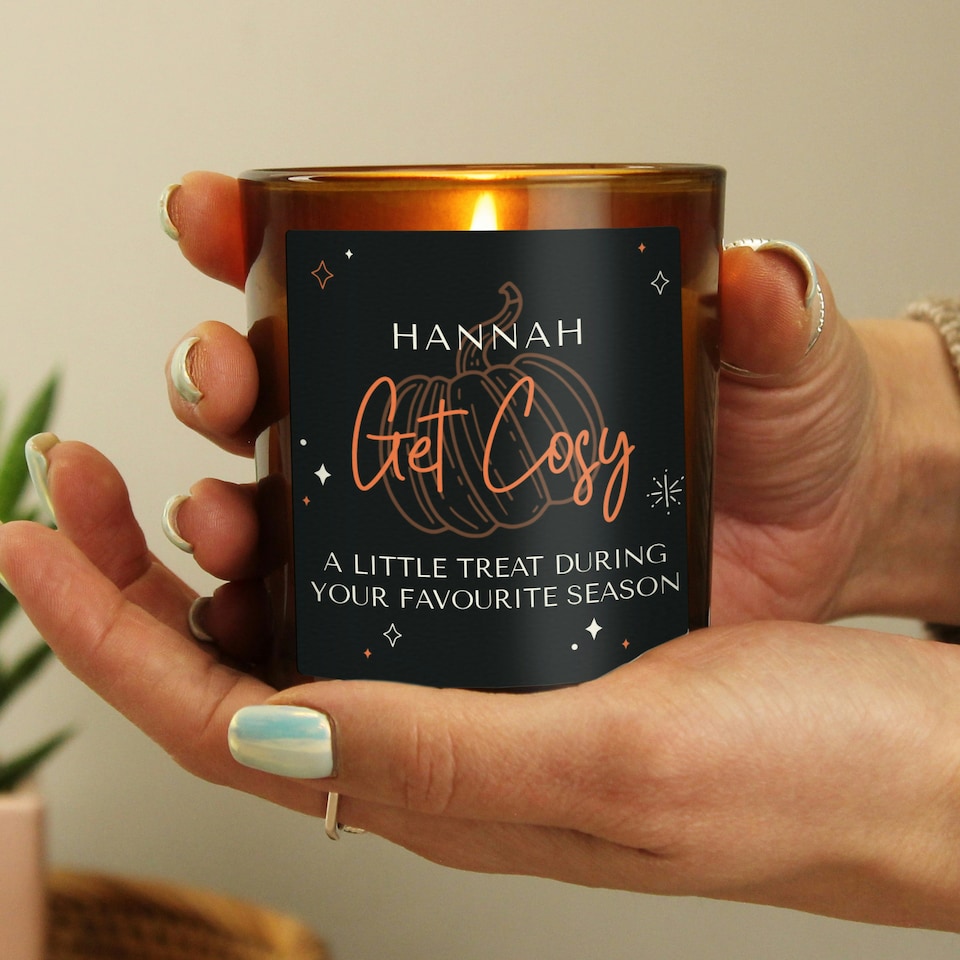 image 1 of Personalised Pumpkin Amber Glass Candle Brown
