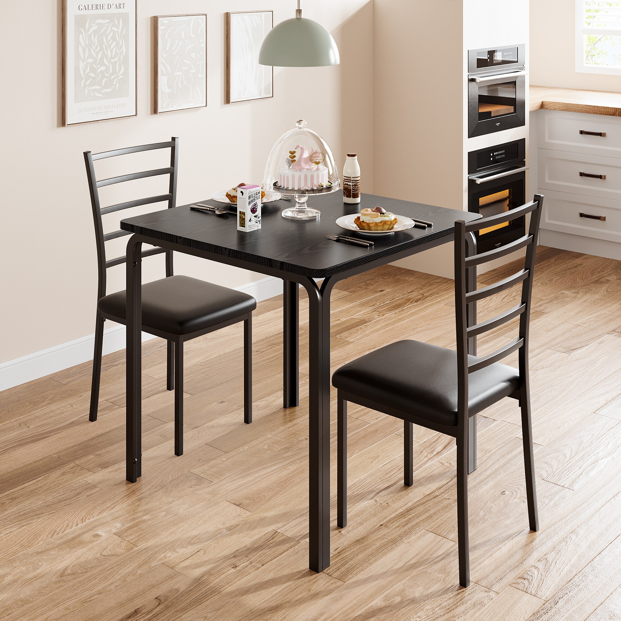 London Boutique 3-Piece Dining Table Chairs Set Small Square Table with 2 Padded Chairs Wood Top & Metal Legs - Black