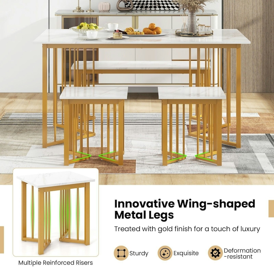 image 1 of COSTWAY 4 Piece Dining Table Set Kitchen Table Bench & 2 Stools White