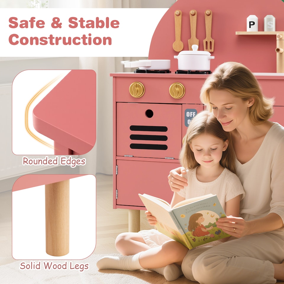 image 1 of COSTWAY Pretend Play Kitchen Wooden Kitchen Playset with Stoves Pink