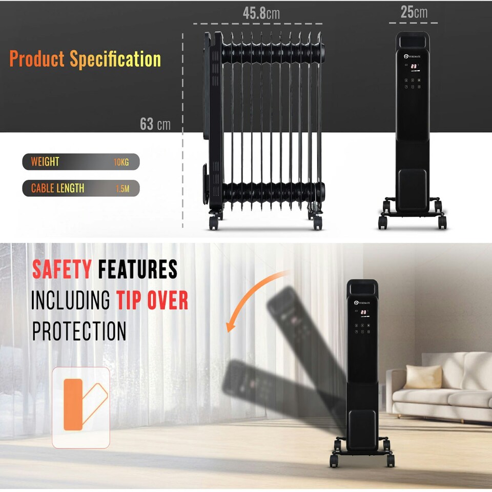 image 1 of PureMate 2500W 11-Fin Oil Filled Radiator | Portable Heater with Digital Thermostat, 24Hr Timer & Eco Mode