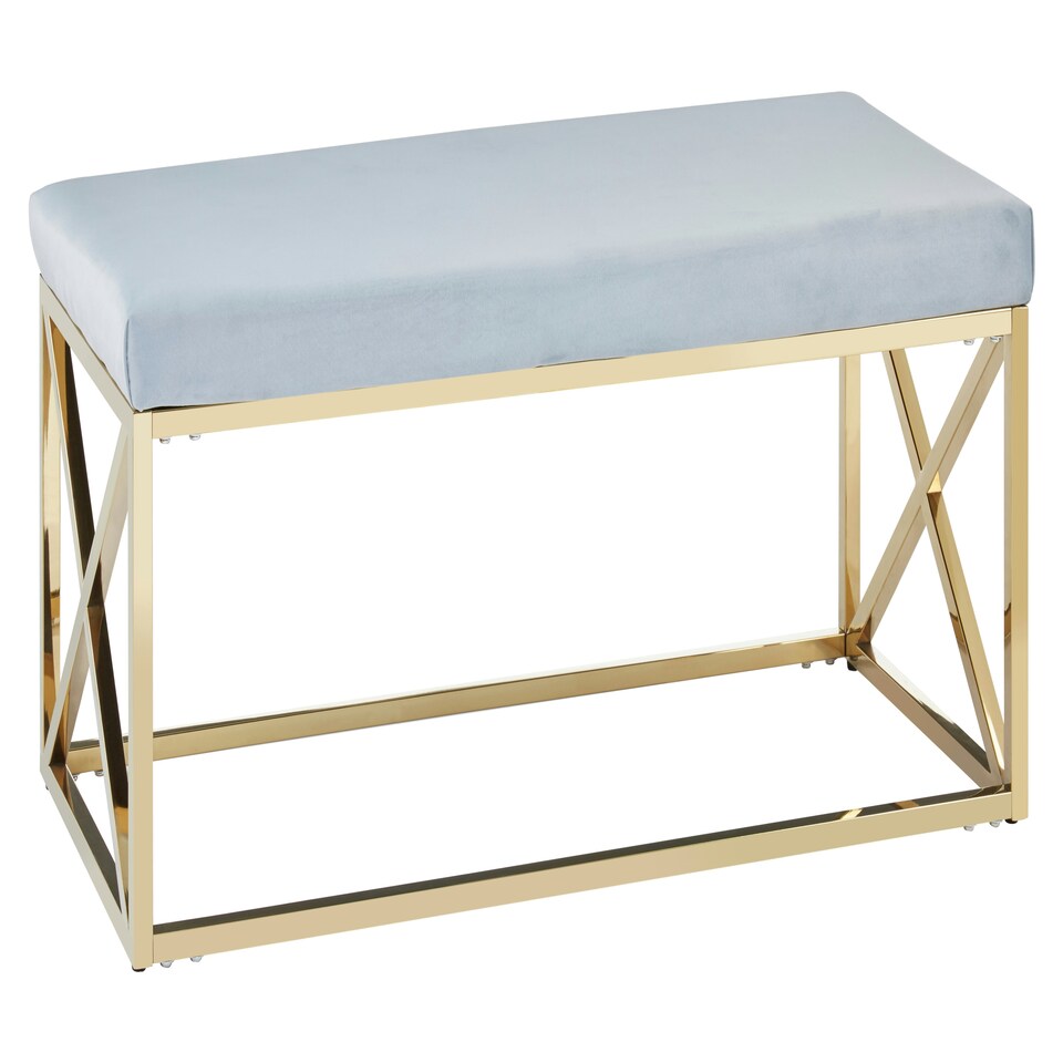 image 1 of Luxe Powder Blue Velvet And Gold Bench, Stylish Garden Bench For Outdoor, Accent Dining Bench For Diningroom Blue
