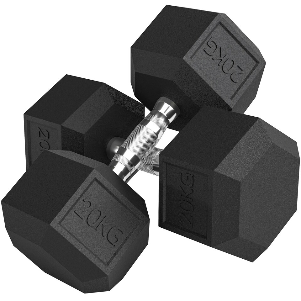 image 1 of HOMCOM 20KG Single Rubber Hex Dumbbell Portable Hand Weights Dumbbell Home Gym
