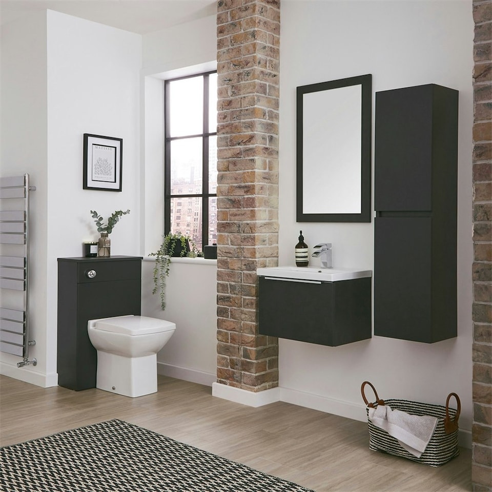 image 1 of 500mm Bathroom Matt Dark Grey Wall Mounted Vanity Unit and Basin (Central) - Brassware Not Included | Grey | Grey | 1
