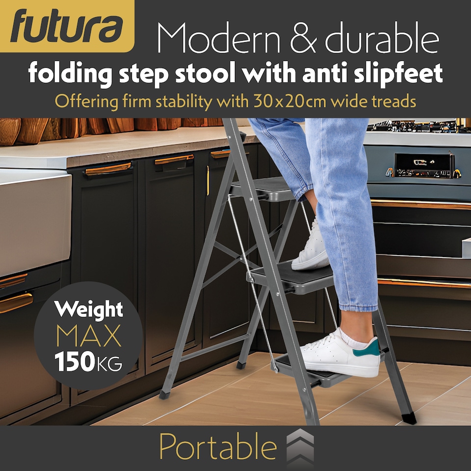 image 1 of Futura 3 Step Ladder Grey, Heavy-Duty Steel Folding Home DIY Step Stool with Wide Non-Slip Steps & Anti Slip Feet 150kg Capacity