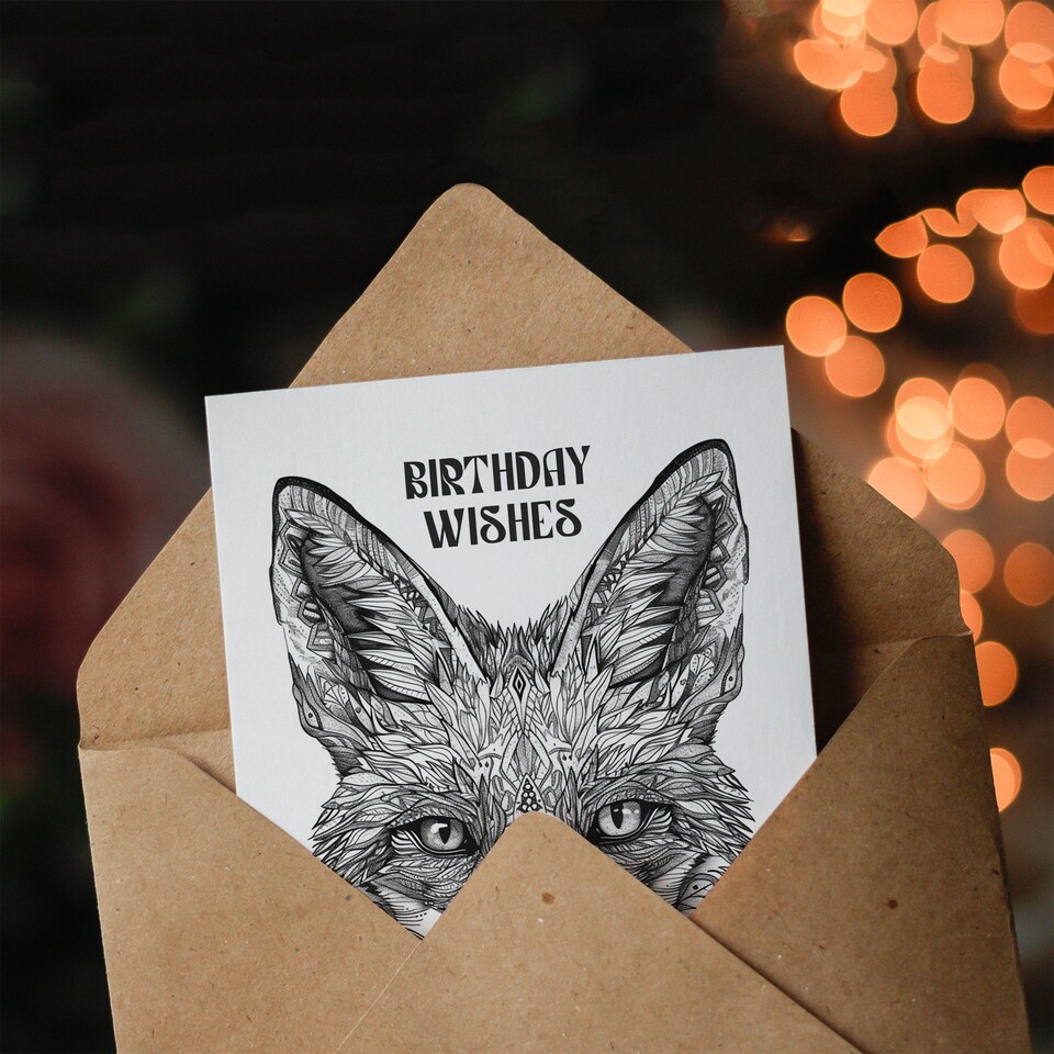 image 1 of Mystical Fox Black White Tribal Folk Art Wishes Birthday Card
