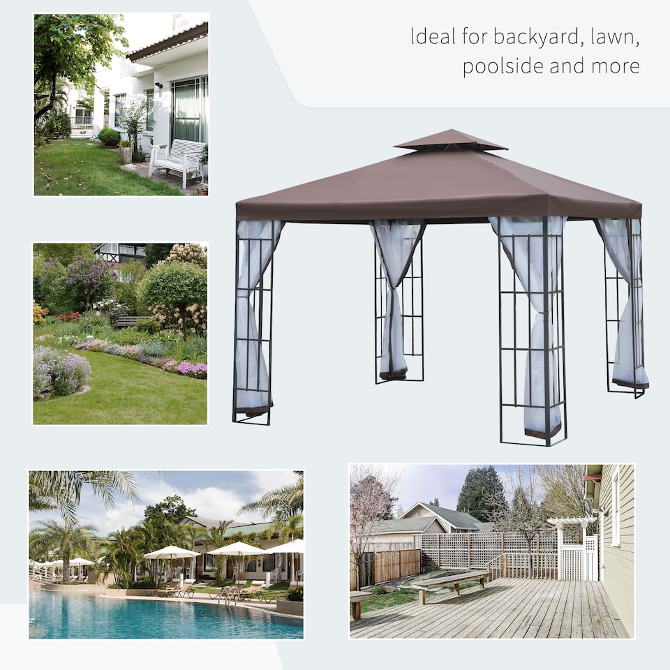 image 1 of Outsunny 3 x 3m Patio Gazebo Canopy Garden Pavilion Tent Shelter with 2 Tier Roof and Mosquito Netting, Steel Frame, Coffee