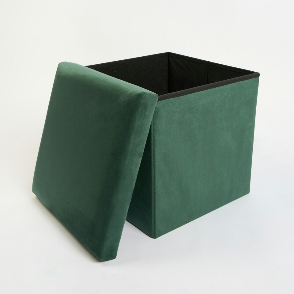 image 1 of OHS Matte Velvet Soft Foldable Cube Footstool Seat Storage Organiser Ottoman | Green | Forest Green