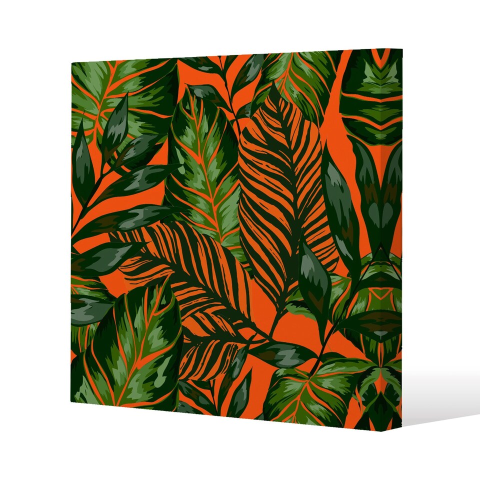 Green Tropical Leaves on Orange (Canvas Print) / 127 x 127 x 4cm | Multi