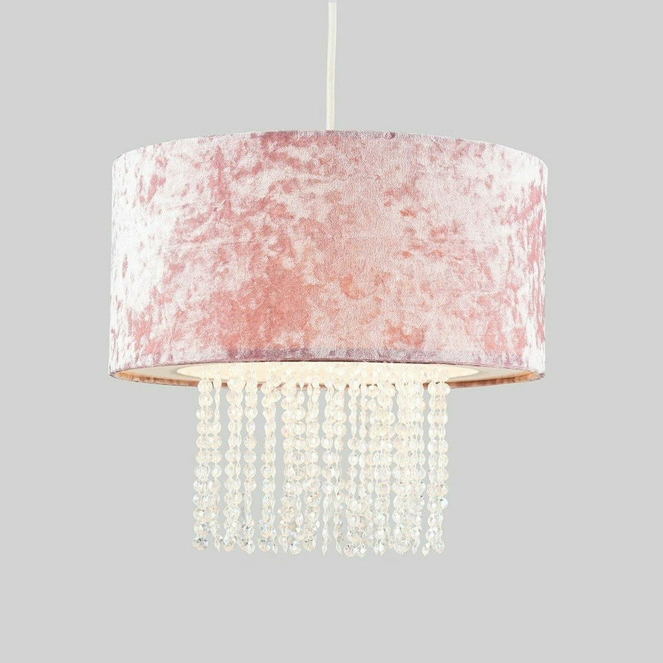 image 1 of ValueLights Pink Velvet Cylinder Ceiling Pendant Light Shade With Clear Acrylic Droplets