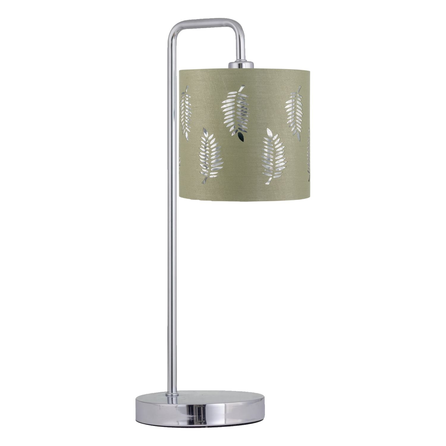 First Choice Lighting Chrome Arched Table Lamp with Sage Green Fern Shade in Silver