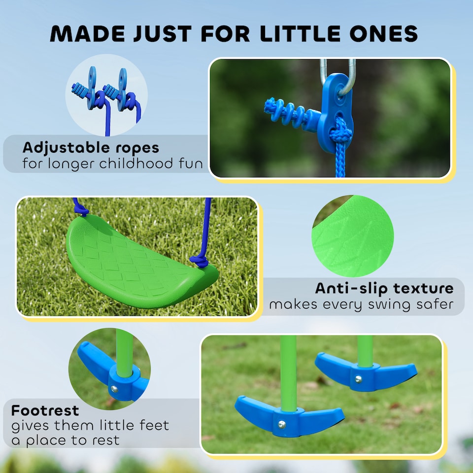 image 1 of Outsunny Kids Metal Garden Swings Set w/ Glider, Adjustable Height, Green
