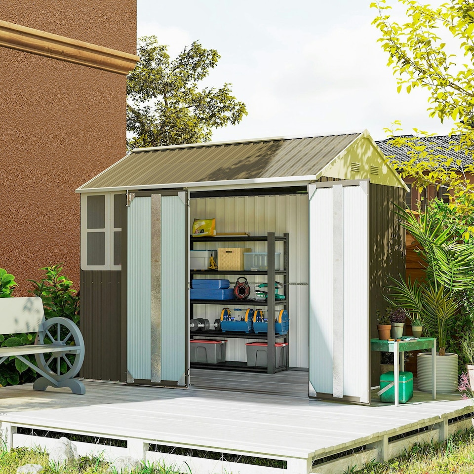 image 1 of Outsunny 8x6ft Metal Garden Shed Outdoor Storage Shed w/ Doors Window, Grey