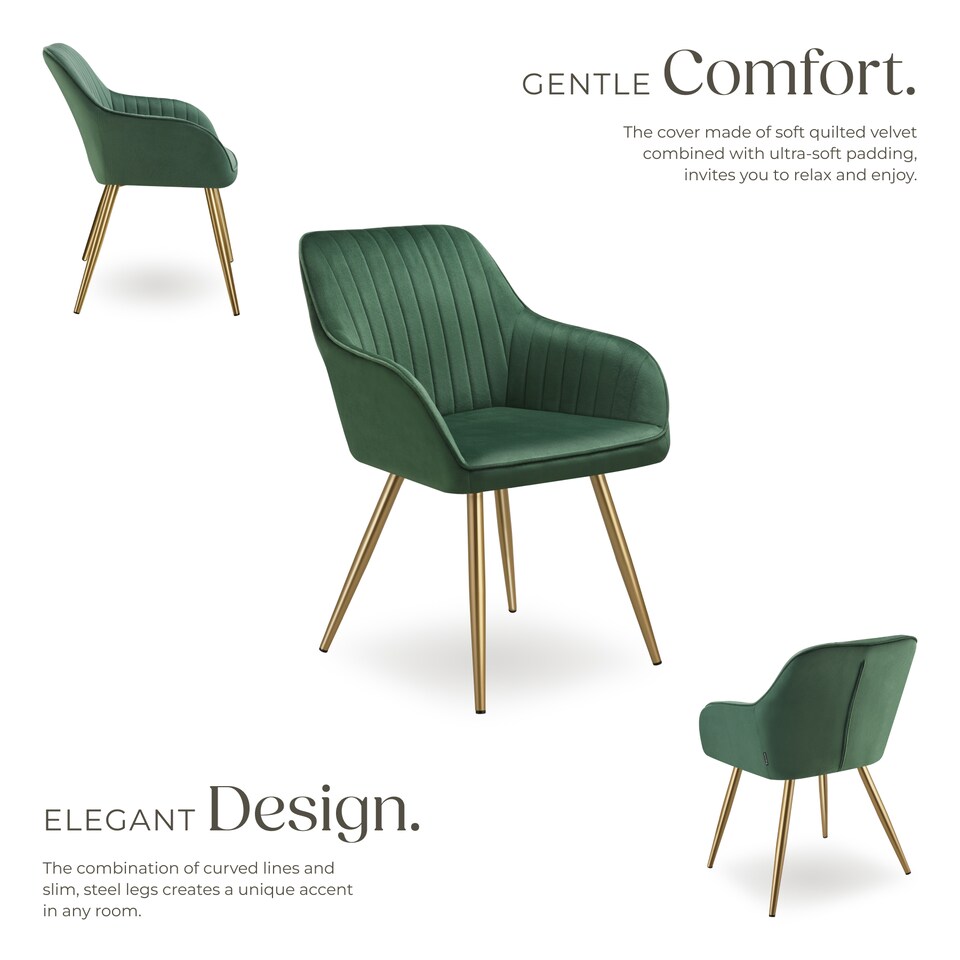 image 1 of Dining Chair Marilyn - quilted velvet, continuous backrest, gold steel legs | Green | dark green/gold | 1