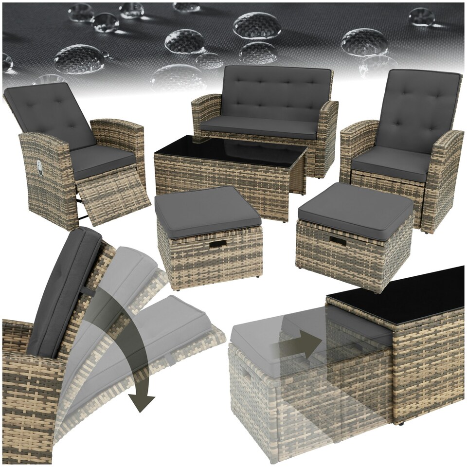 image 1 of Garden Furniture Set Bari - outdoor sofa, 2 reclining armchairs, 2 footstools, table - Nature
