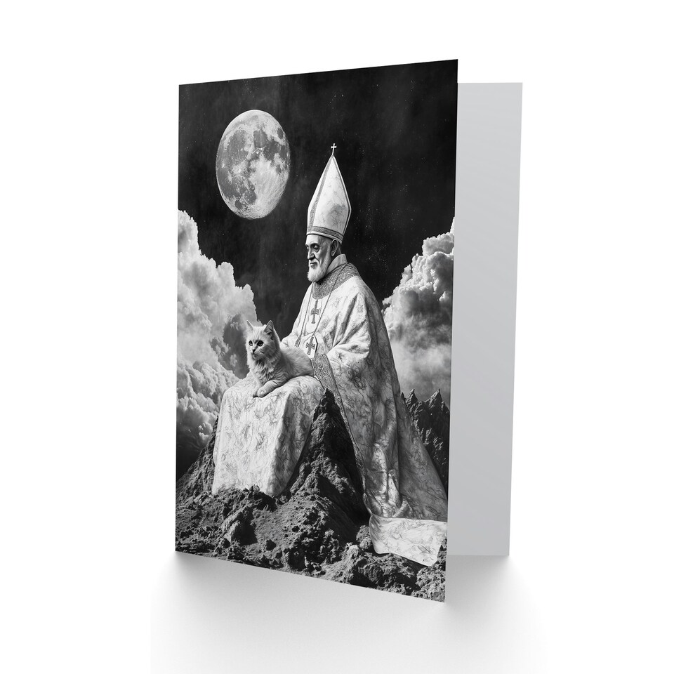 image 1 of Surreal Cat Lover Pope and Moon Black White Birthday Greeting Card