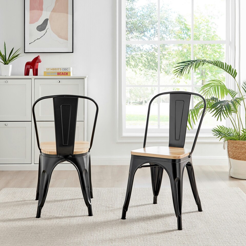 image 1 of Furniturebox 2x Colton 'Tolix' Style Black Metal Dining Chairs Wood Seat