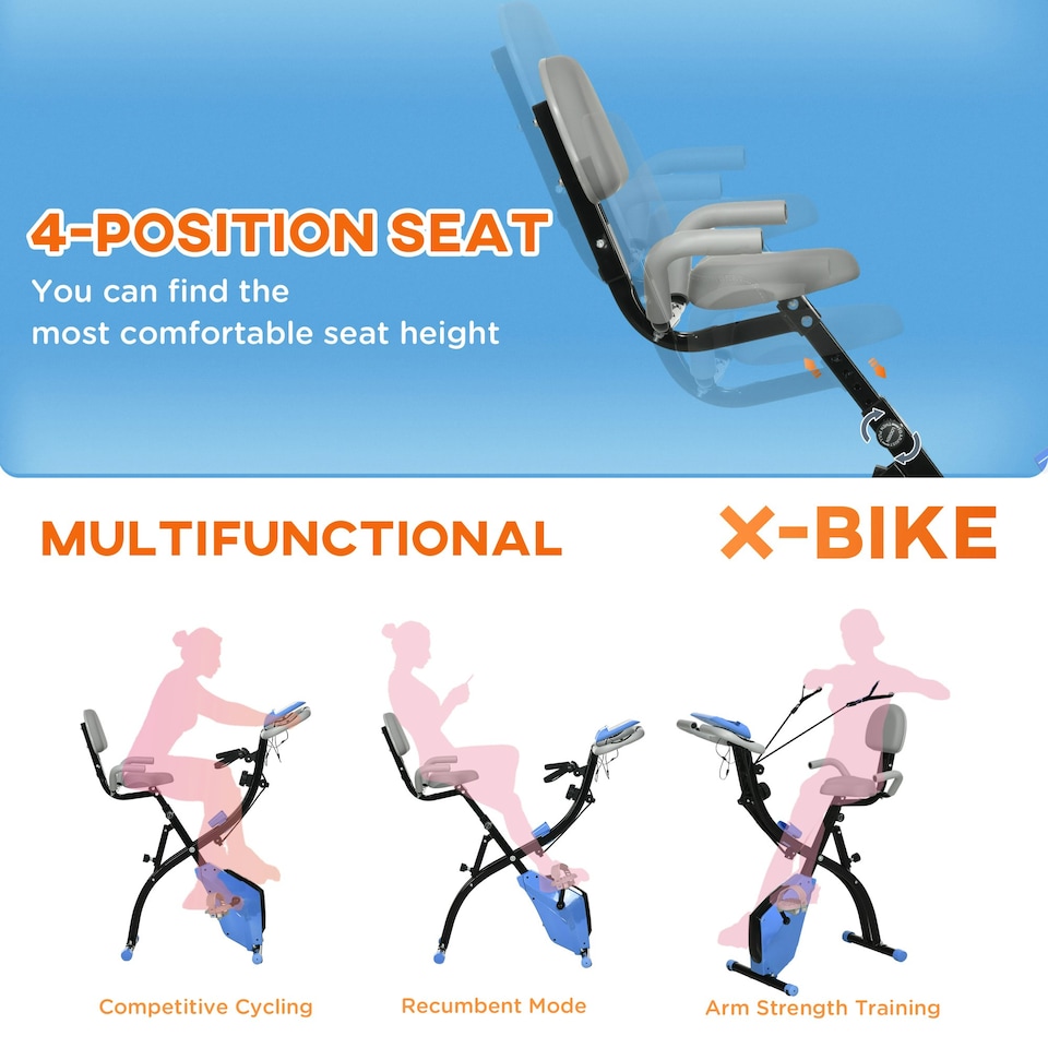 image 1 of HOMCOM 2-In-1 Folding Exercise Bike with 8-Level Magnetic Resistance Blue