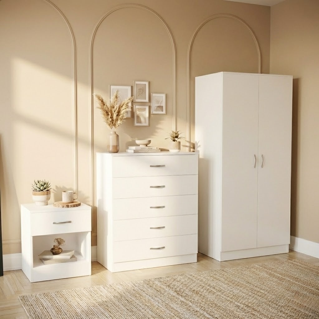 Vida Designs Riano 3 Piece Bedroom Set (1 Drawer Bedside Chest, 5 Drawer Chest, 2 Door Wardrobe) - White