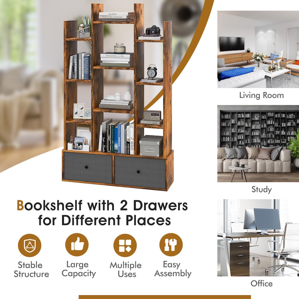 image 1 of COSTWAY Open Back Bookshelf Wood Bookcase Display Shelf Storage Rack Coffee