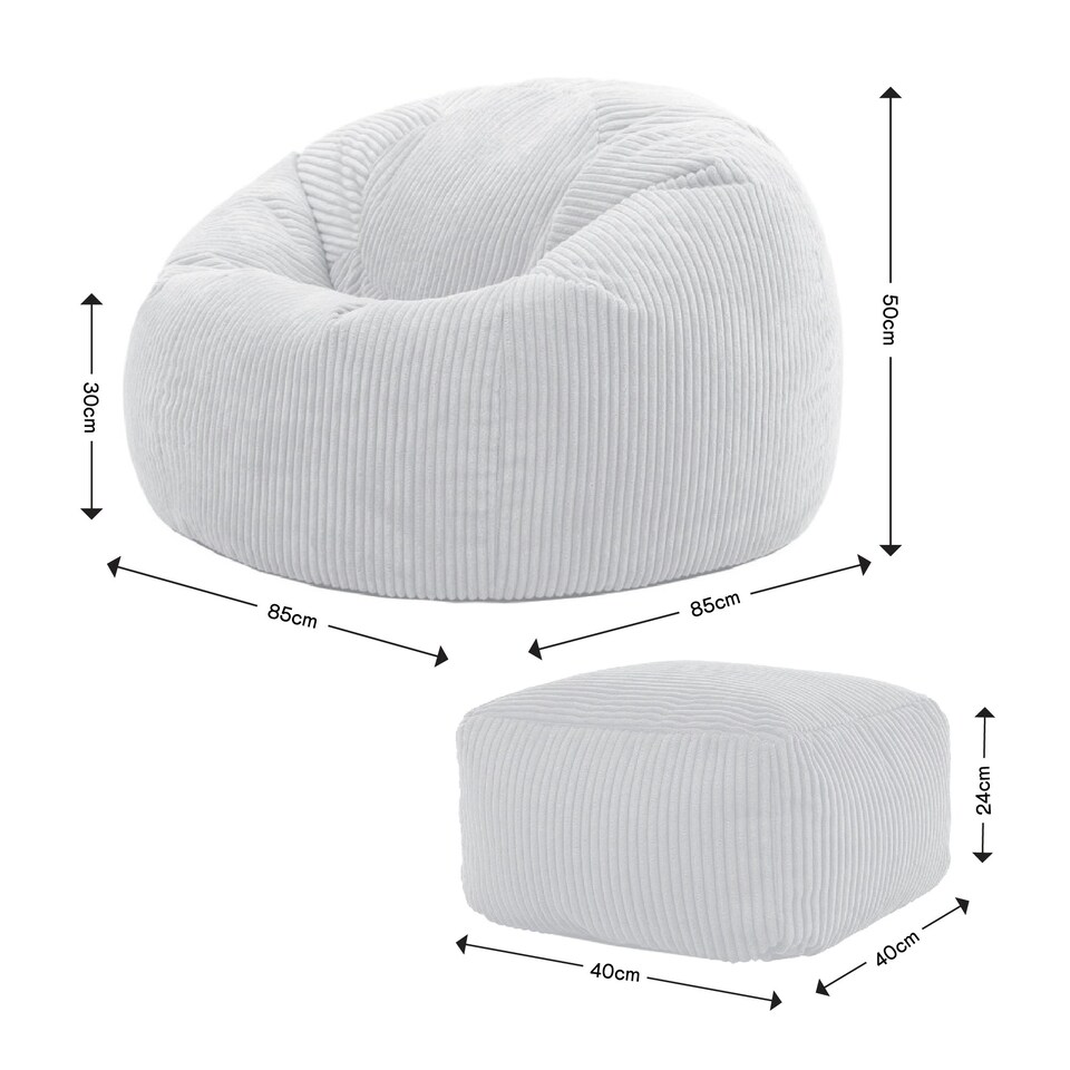image 1 of icon Kingston Cord Adults Bean Bag Chair and Pouffe, Ready Filled Beanbag and Footstool Grey Grey | Grey