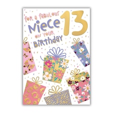 Words 'n' Wishes 13th Birthday Card for Niece, Patterned & Foiled Letters With Presents, Multicoloured, 23.5 x 16.5 cms