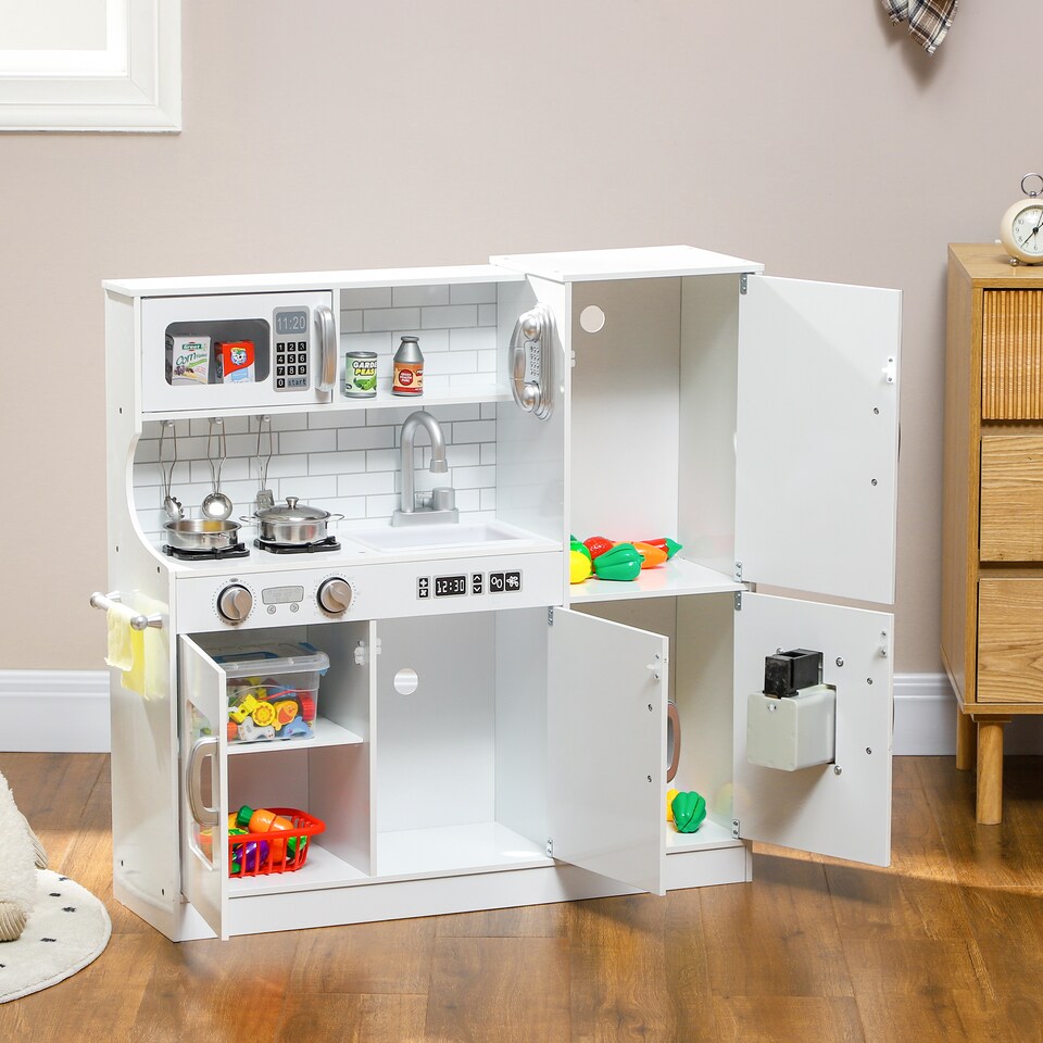 image 1 of AIYAPLAY Play Kitchen, Pretend Toy Kitchen with Toy Phone, Chalkboard, White | White | White