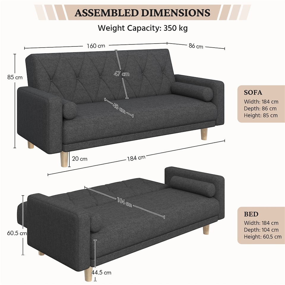 image 1 of Yaheetech Fabric Convertible Sofa Bed with 2 Bolster Pillows-Black