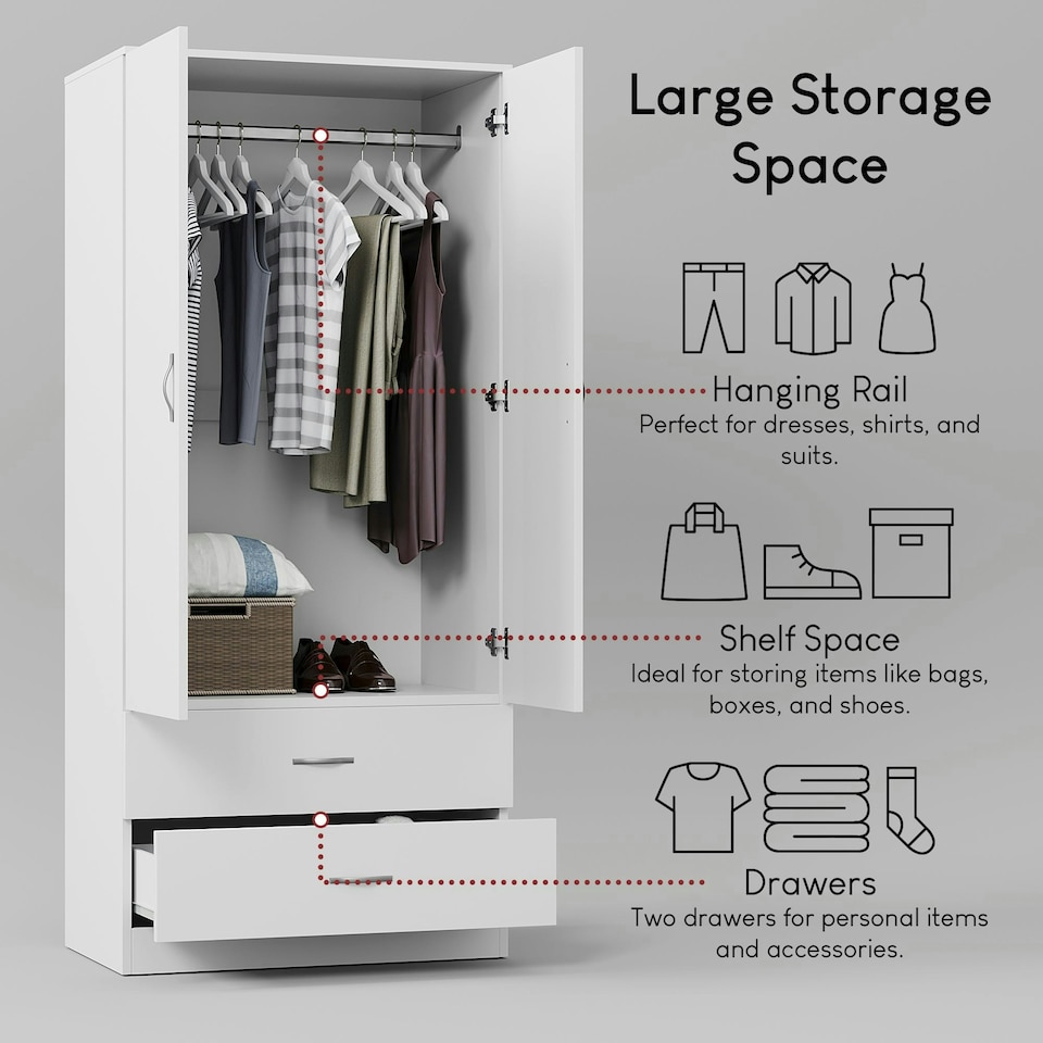 image 1 of Vida Designs Riano 2 Door 2 Drawer Wardrobe With Shelf & Clothes Rail, White