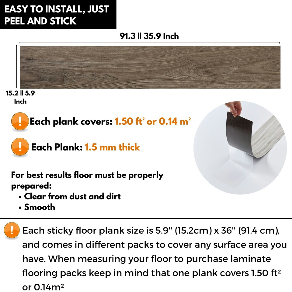 image 1 of Self Adhesive Floor Planks | 5.9x35.9in (91.4x15.2cm) Each | Peel & Stick Vinyl Flooring | Brown Wood Effect | Easy DIY | Stick On Tile for Home Floors Brown | 2.78 sqm