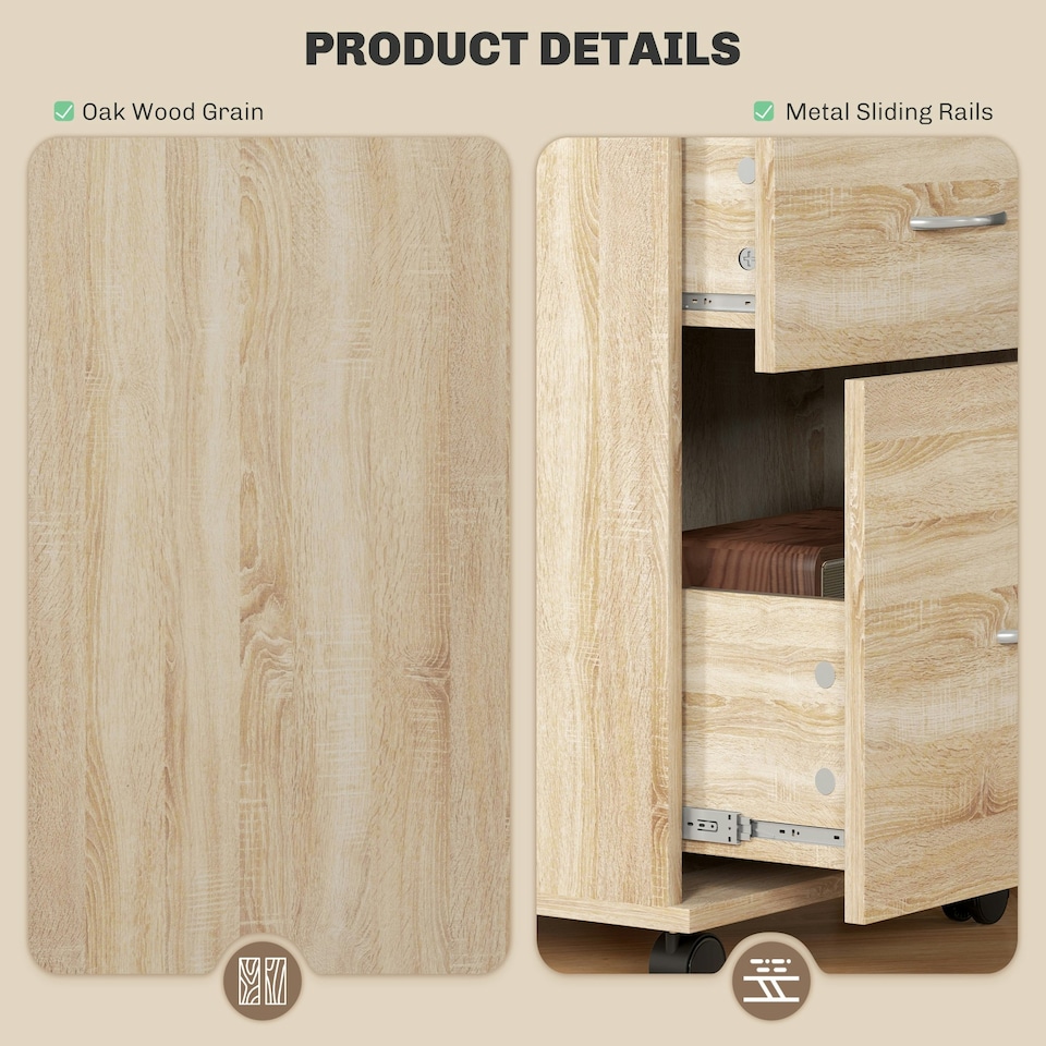 image 1 of HOMCOM Pedestal Office Mobile Filing Cabinet 2 Drawer Wooden Storage Oak