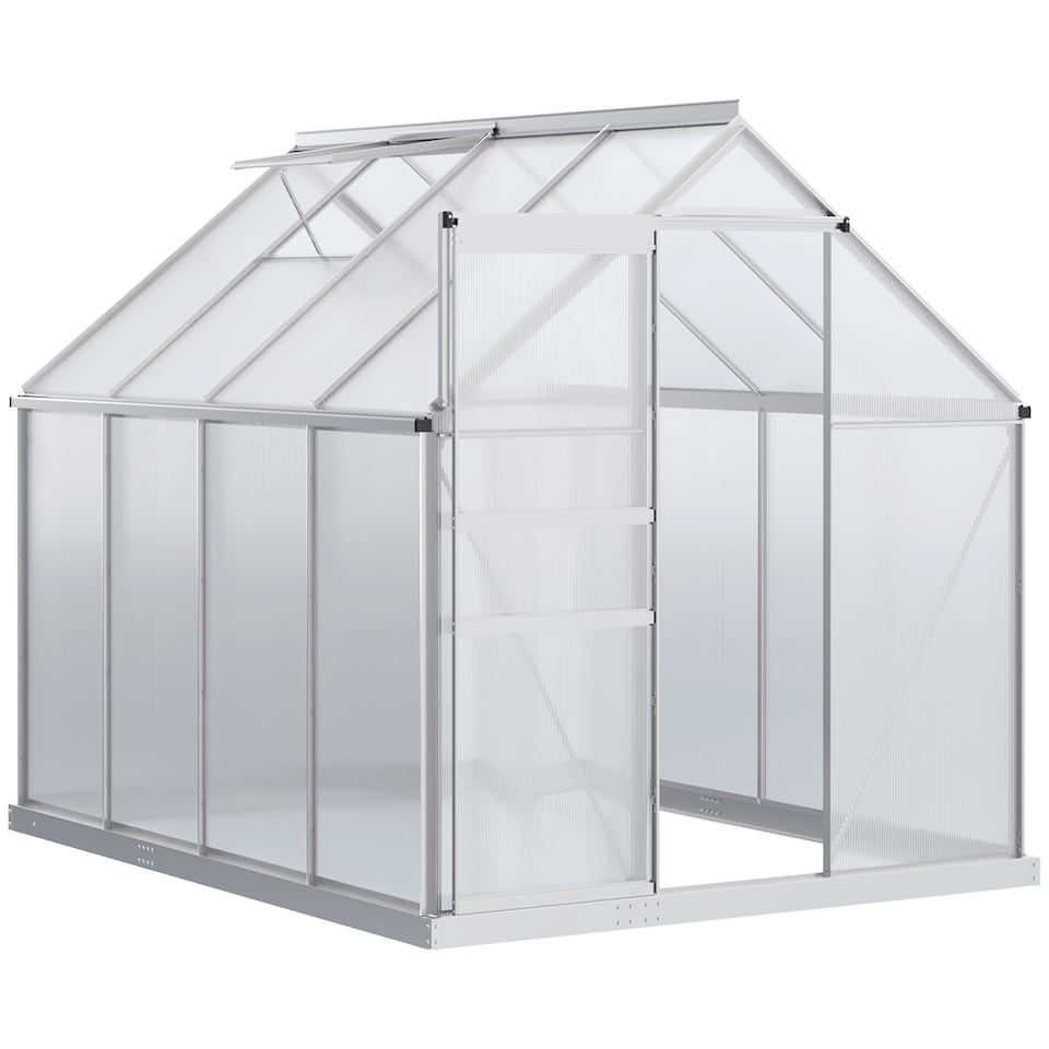 image 1 of Outsunny Polycarbonate Walk-in Garden Greenhouse w/ Sliding Door Silver Tone | Silver | 1