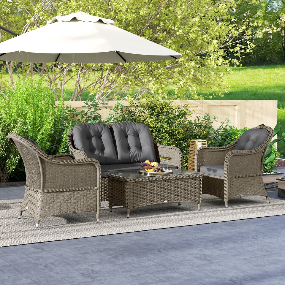 image 1 of Outsunny 4 Pieces Outdoor PE Rattan Garden Furniture with Cushions, Patio Special Hand Weave Wicker Conservatory Sofa Set with Glass Top Coffee Table, Light Grey | Grey | Four Seater