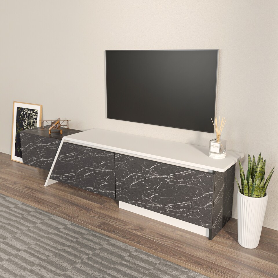 image 1 of Decorotika Zonas TV Unit for TVs up to 55 inches with Cabinets | Multi | Black Marble Effect and White