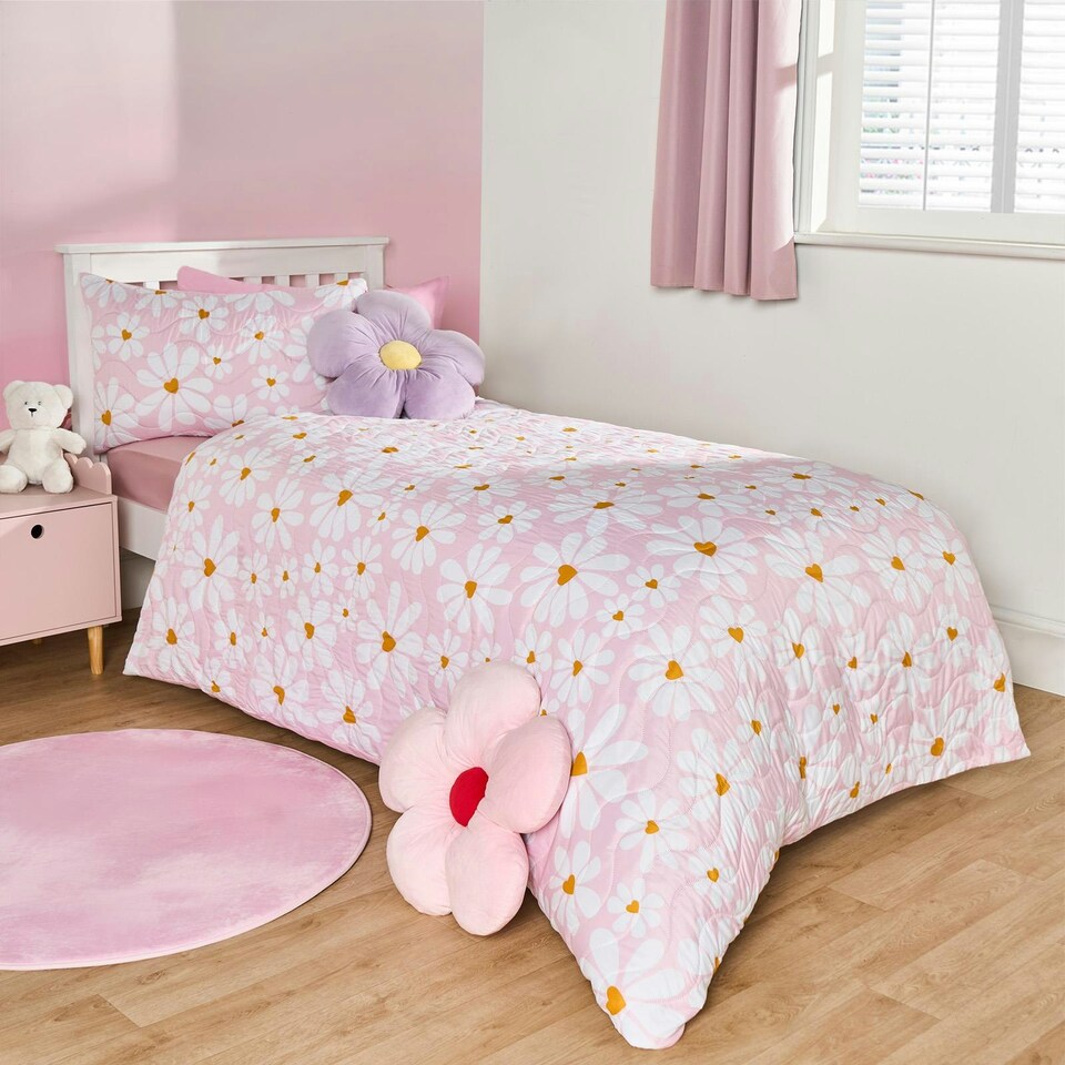 image 1 of OHS Kids Daisy Print Pinsonic Duvet Cover and Pillowcase Set, Single - Pink