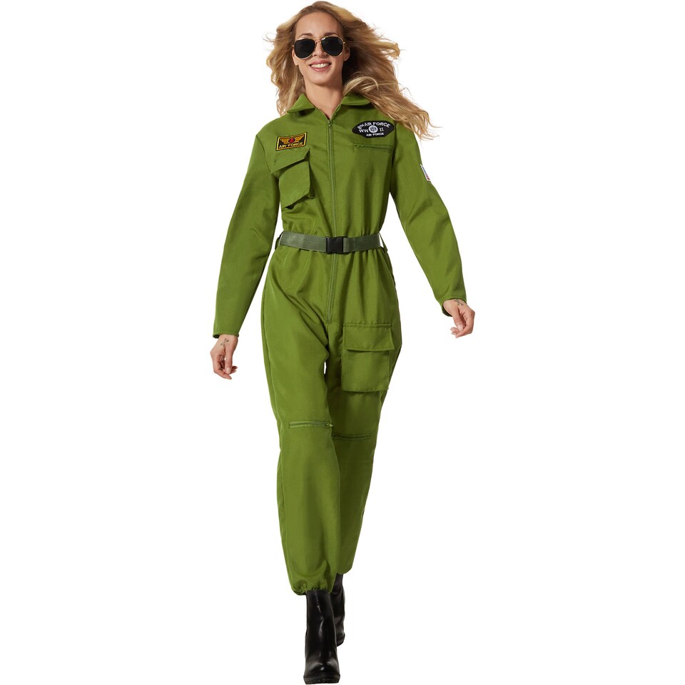 image 1 of Fighter Pilot Costume - womens fancy dress, olive green, military inspired | Green | green | 1