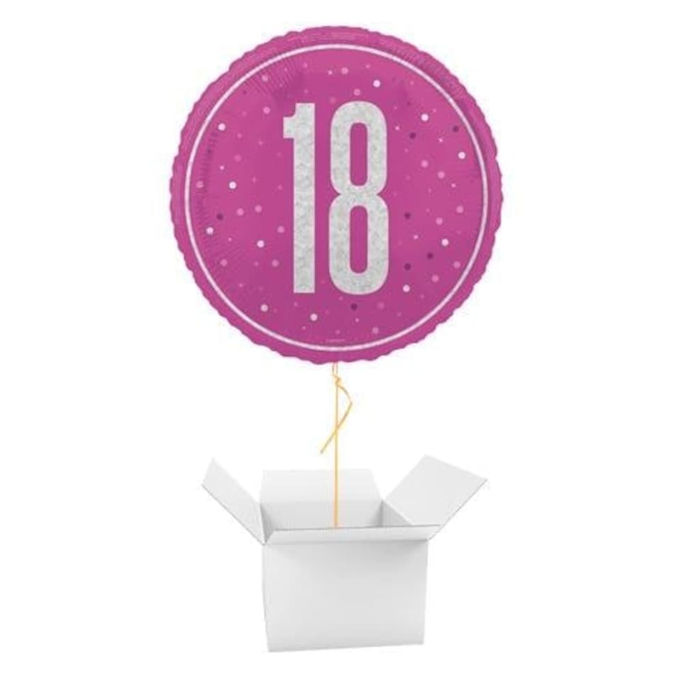 Hot Pink Glitz Age 18 Holographic Round Foil Helium Balloon - Inflated Balloon in a Box
