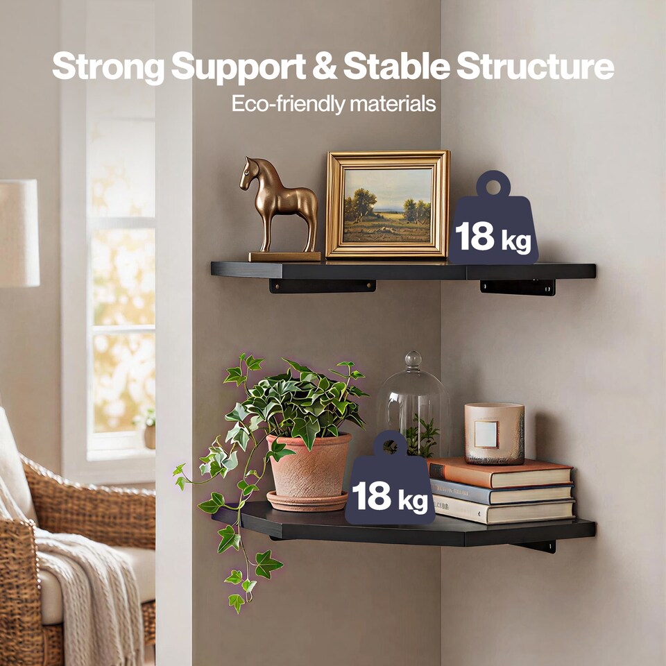 image 1 of Levede 2 Pack Wooden Floating Corner Shelves with Cable Cut Out