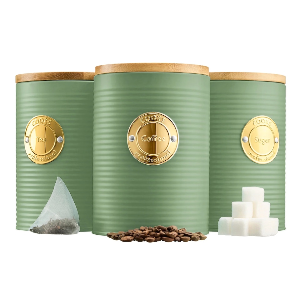 image 1 of Cooks Professional 5 Piece Ribbed Tea Coffee Sugar Bread & Biscuit Cannisters with Labels | Green | Green & Gold