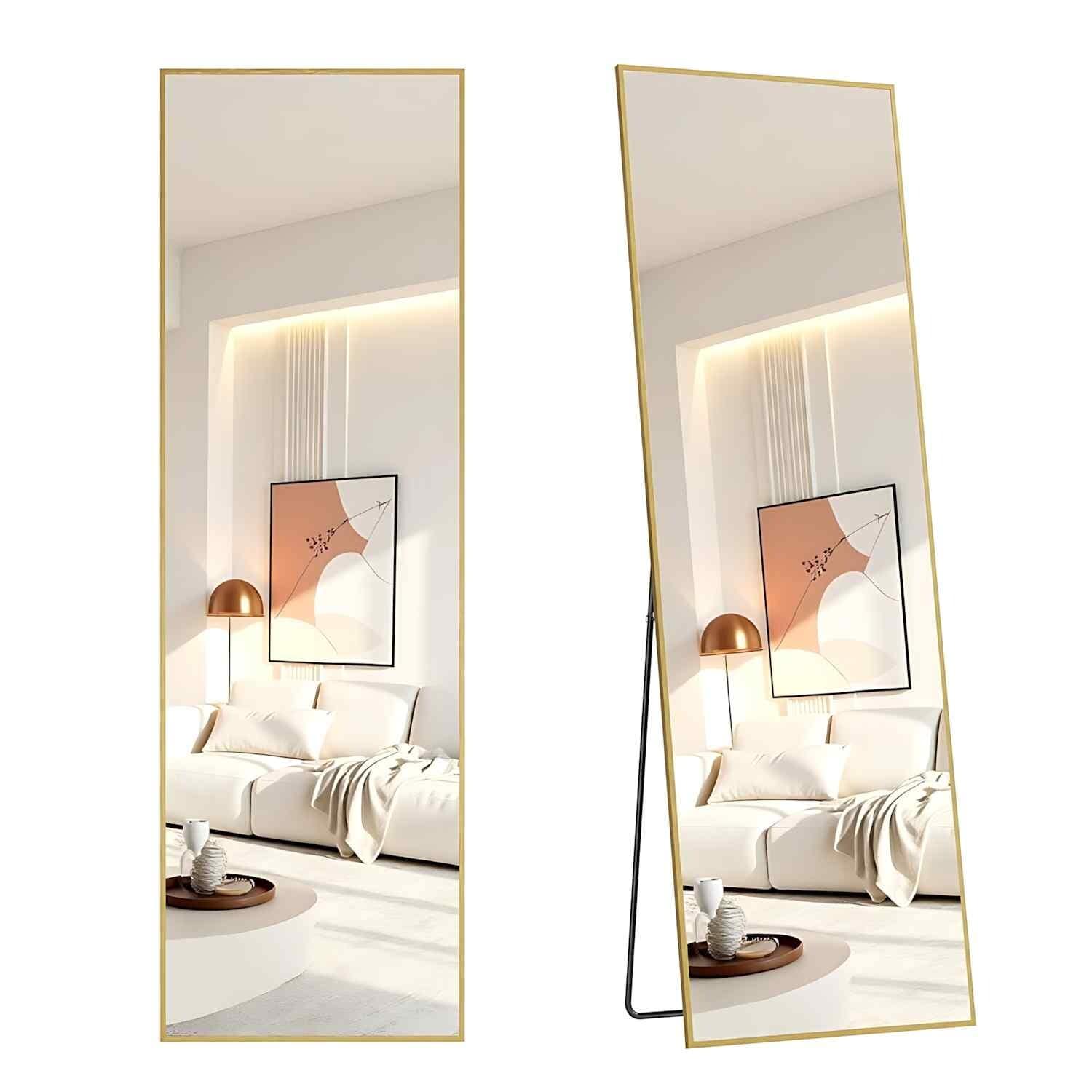 Square Corner Full Length Floor Mirror with Stand, Tempered Glass Body Mirror, Pale Gold
