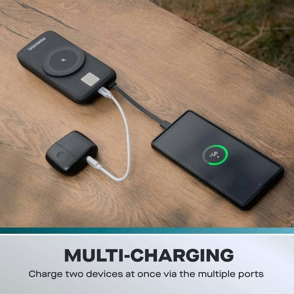 image 1 of Daewoo 4-in-1 10000mAh Power Bank Portable Fast Charger Wireless Built in Cables Black