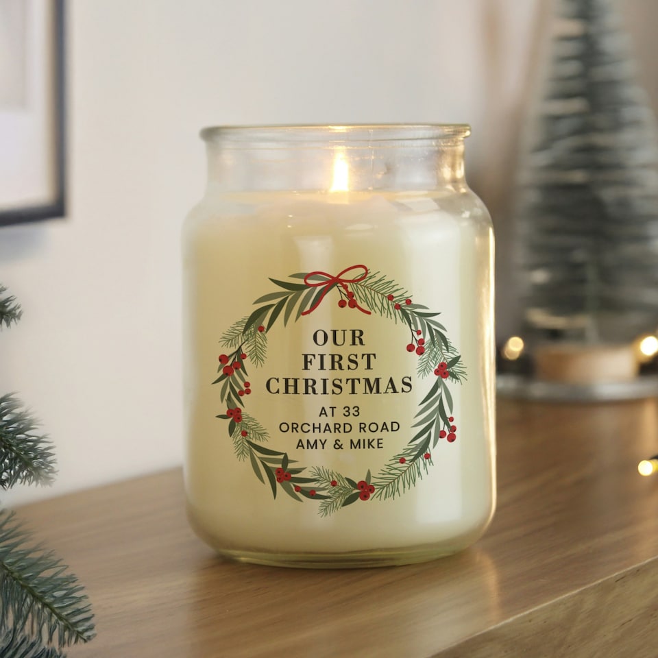 image 1 of Personalised Christmas Wreath Large Candle Jar