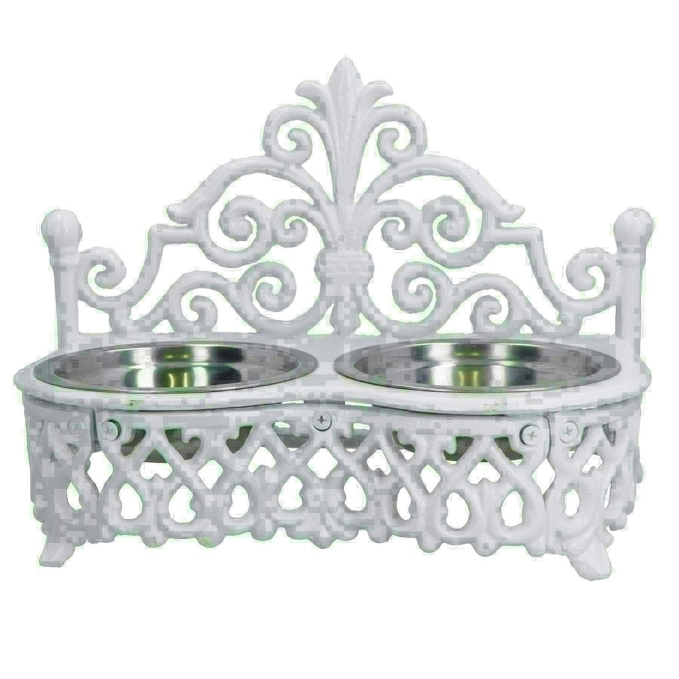 image 1 of Dog Puppy Cat Feeding Food Bowls Dishes Stainless Steel / Cast Iron White Stand White