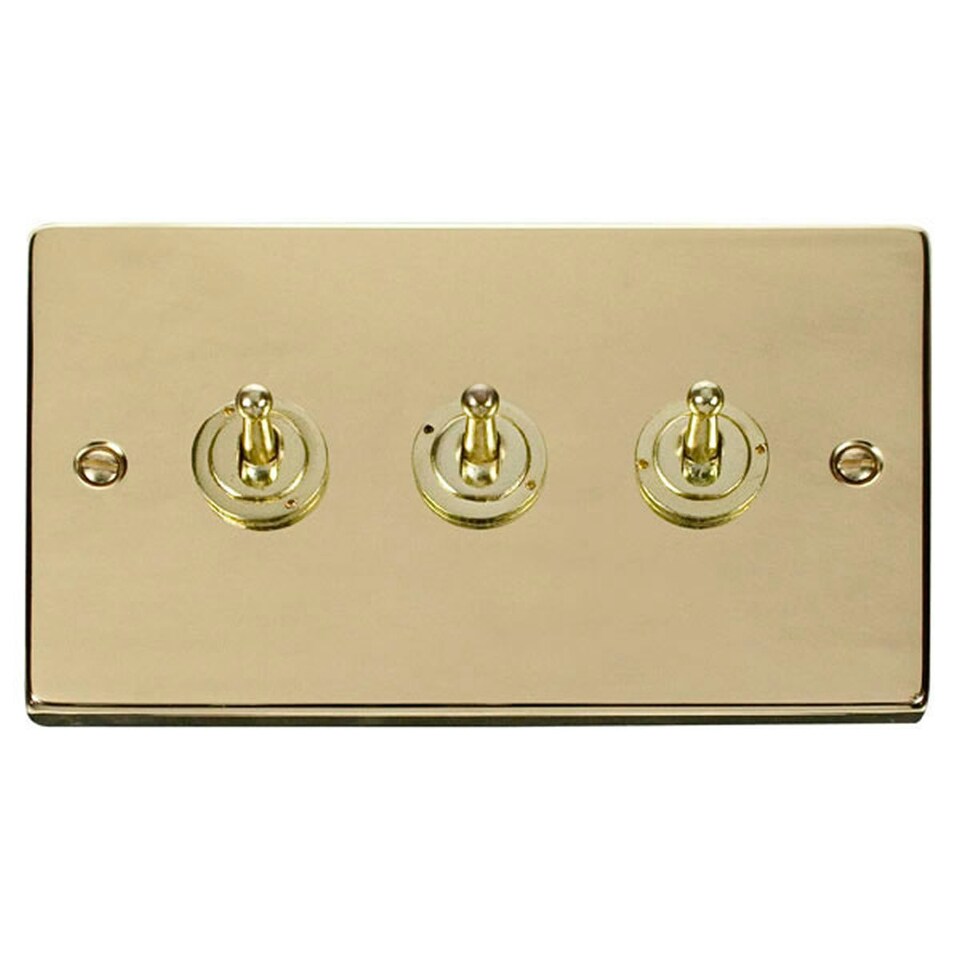 SE HOME Polished Brass 3 Gang 2 Way 10AX Toggle Light Switch Black | Polished Brass