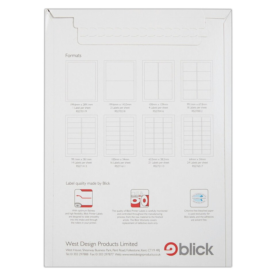 image 1 of Blick 65 Per Sheet 100 Sheets, 38.1mm x 21.2mm, Rectangular, White, 6500 Labels