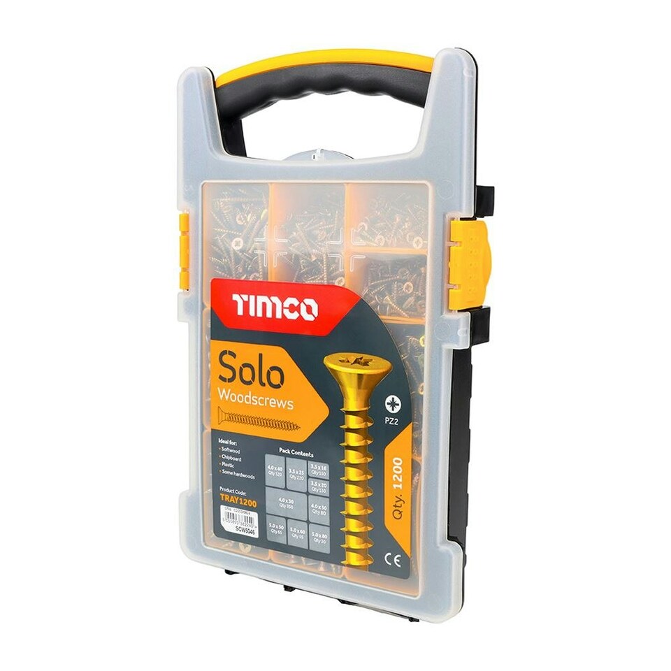 image 1 of Timco - Solo Chipboard & Woodscrews - Mixed Tray - PZ - Double Countersunk - Yellow (Size 1200pcs - 1200 Pieces)