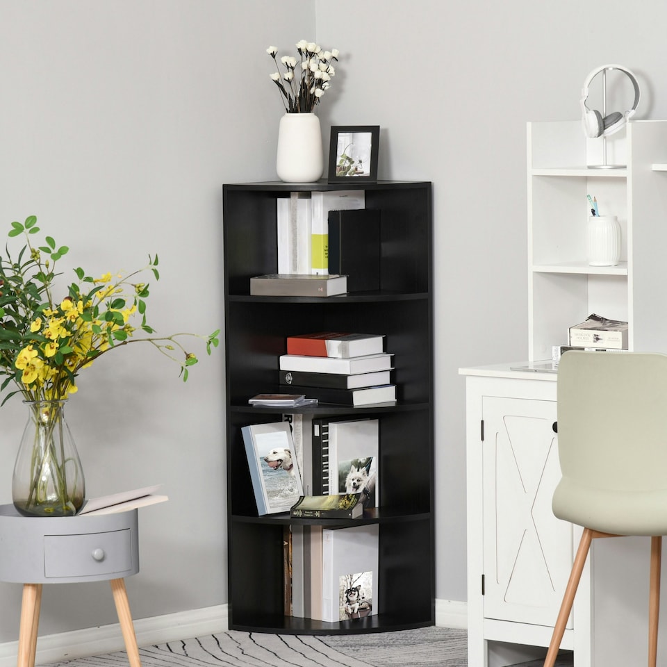 image 1 of HOMCOM 4 Tier Wood Corner Shelf  Unit Freestanding Fan Bookshelf Plants Stand